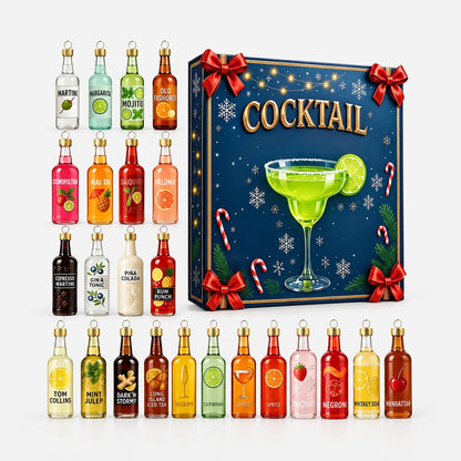 Hela samlingen med 24 miniflaskor i olika färger uppställda i rader bredvid en blå presentask med röda rosetter och en grön cocktail. 2