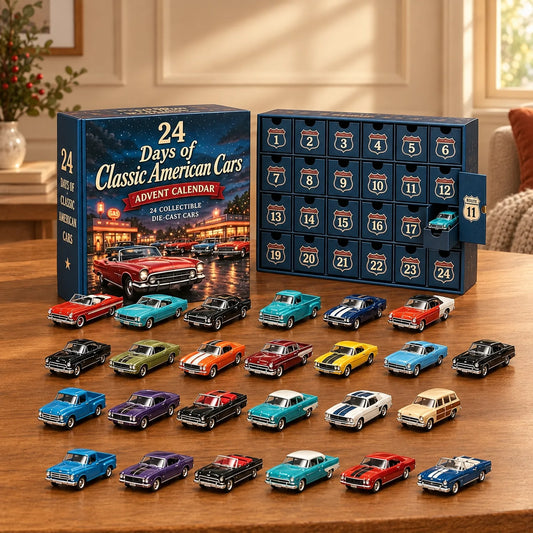 Blå adventskalender med amerikanska klassiska bilar i motivet, en öppen lucka och 24 färgglada modellbilar uppradade på ett träbord i ett hem. 1