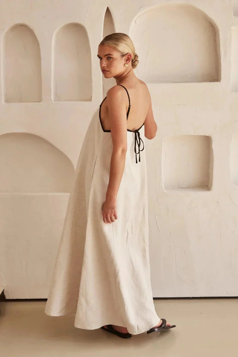 Ärmellös beige boho-maxiklänning i linneimitation – Elin