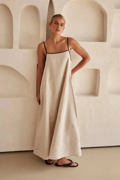 Ärmellös beige boho-maxiklänning i linneimitation – Elin