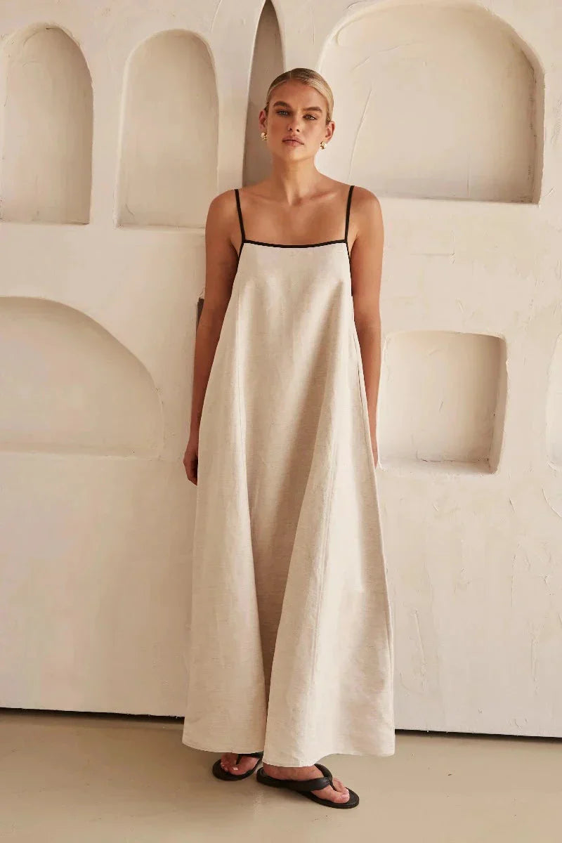 Ärmellös beige boho-maxiklänning i linneimitation – Elin