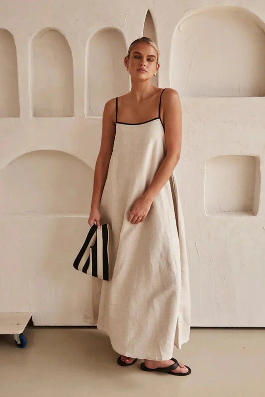 Ärmellös beige boho-maxiklänning i linneimitation – Elin