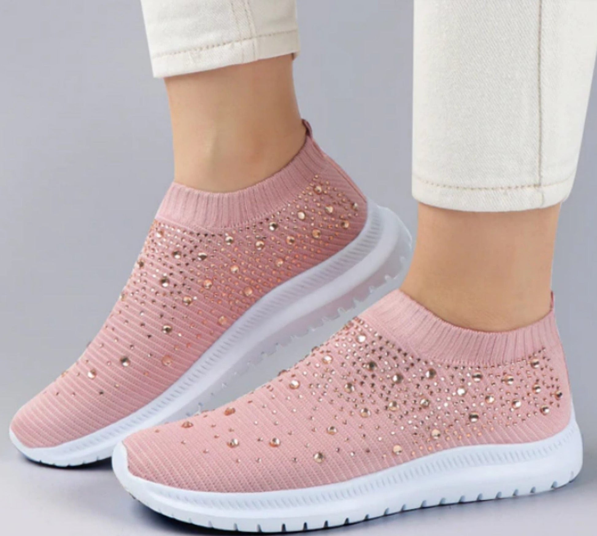 Damen Sneaker Rosa Strass, bequeme Slip-On Schuhe, modische Freizeitschuhe, atmungsaktiv.