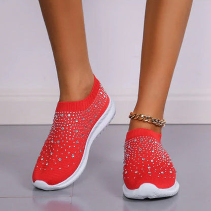 Rote Damen-Sneaker mit Strass, atmungsaktiv, rutschfest, modisch, bequem.