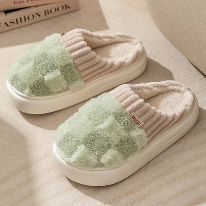 Grüne Plüsch-Hausschuhe, kariert, warme Baumwolle, dicke Sohle, Unisex, Indoor-Slipper.