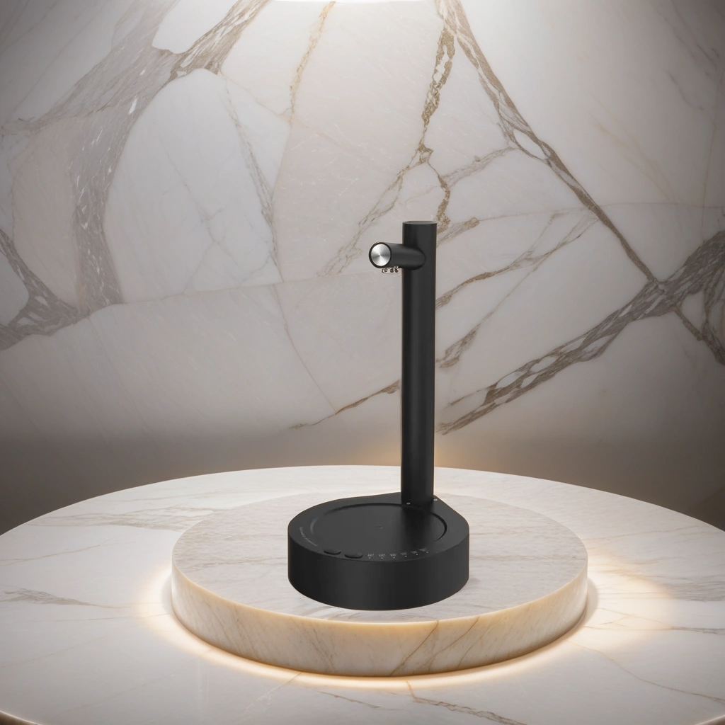 Schwarzer Wasserhahn auf Marmorsockel, modernes Design, Küche, Bad, minimalistisch.