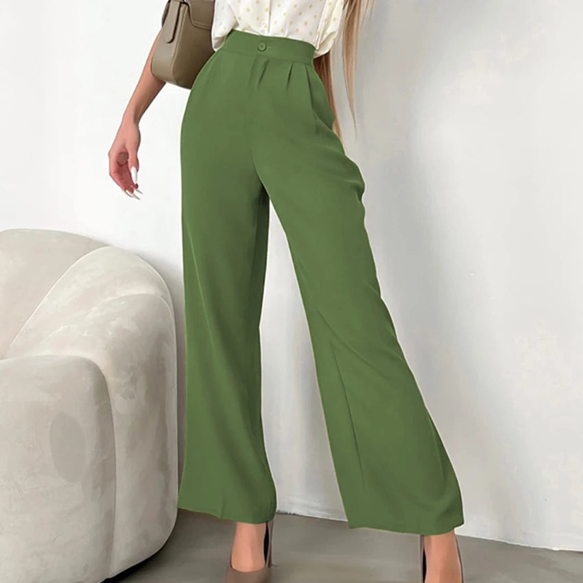 Grüne Damenhose mit weitem Bein, elegantes Design, ideal für Büro und Freizeit.