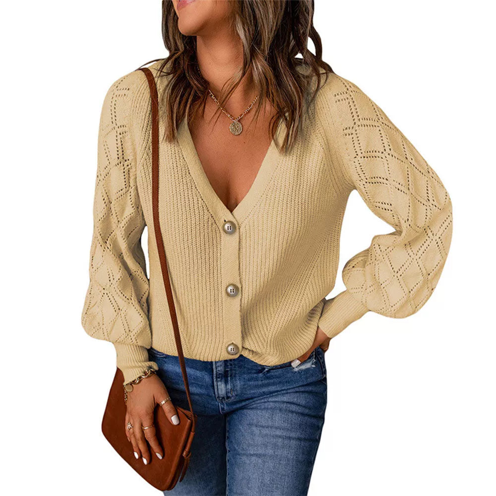 Damen Strickjacke beige, V-Ausschnitt, Knöpfe, Strickmuster, modisch, Freizeitkleidung.