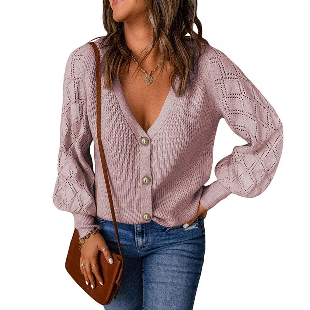 Damen Strickjacke rosa, V-Ausschnitt, Knöpfe, Strickmuster, Freizeitmode, Herbstbekleidung.