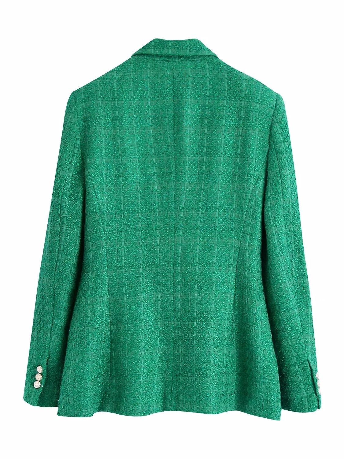 Grüner Damenblazer mit doppelten Knöpfen, elegantes Design, Businessmode, Rückansicht.