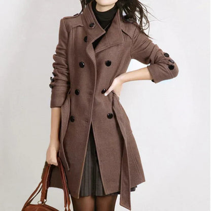 Damen-Wintermantel mit Gürtel, braun, modisch, doppelte Knopfleiste, elegantes Design.