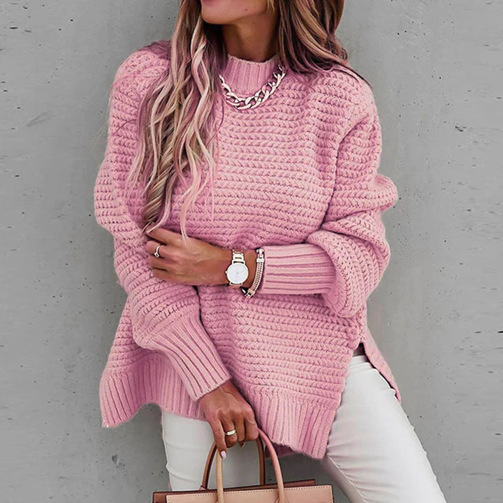Frau in rosa Strickpullover, modisch, bequem, Damenmode, Herbstkleidung, Accessoires.