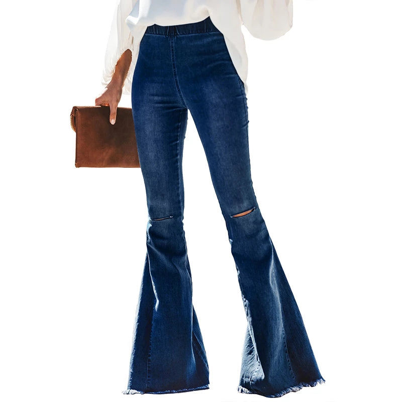 Damen Vintage Flared Jeans, dunkelblau, mit Knöpfen, modisch, aus Denim, 70er-Jahre-Stil.