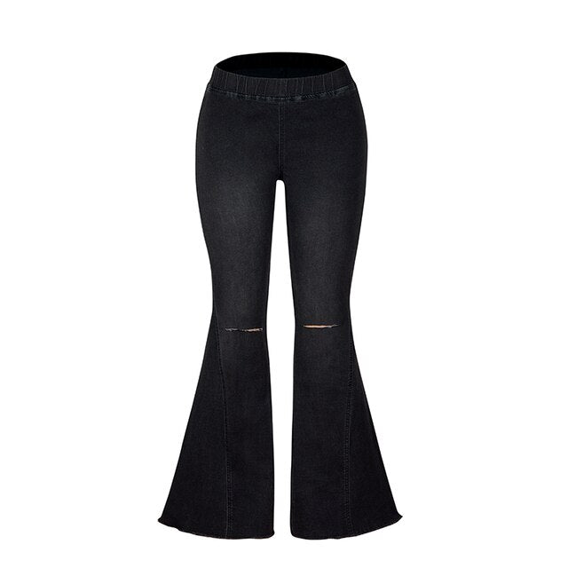 Schwarze Vintage-Schlagjeans Damen mit Knöpfen, elastisch, modisch, 70er-Jahre-Stil.