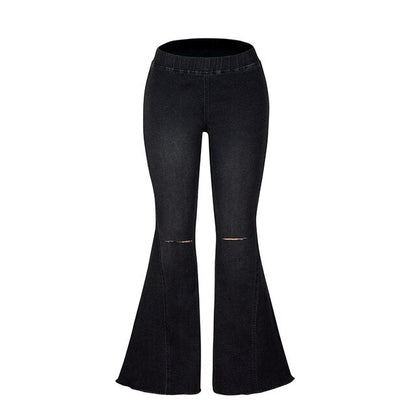 Schwarze Vintage-Schlagjeans Damen mit Knöpfen, elastisch, modisch, 70er-Jahre-Stil.