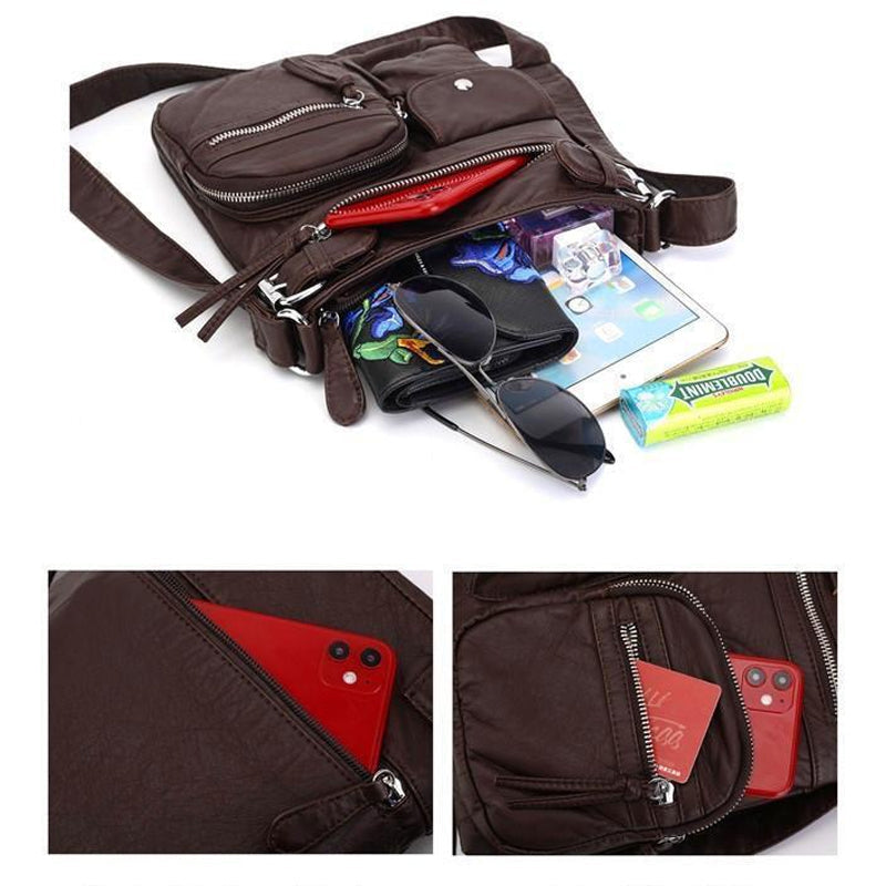Braune, multifunktionale Anti-Diebstahl-Tasche mit mehreren Fächern, ideal für Reisen.