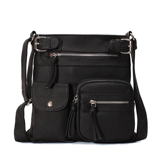 Schwarze multifunktionale Anti-Diebstahl-Tasche, modisch, mit Reißverschlüssen und Taschen.