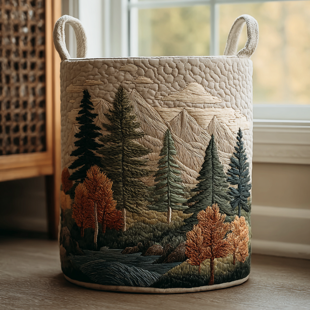 Rund vadderad tvättkorg med två handtag och broderat skogs- och bergsmotiv i grönt och rostorange, stående vid ett fönster. 1