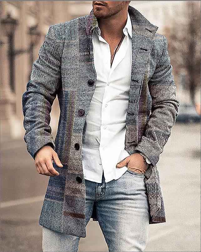 Männer graue winddichte Jacke, kariert, Knopfleiste, Herbstmode, lässig, stilvoll.