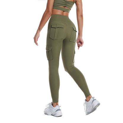 Damen Yoga-Leggings, olivgrün, hohe Taille, mit Taschen, für Sport und Fitness.