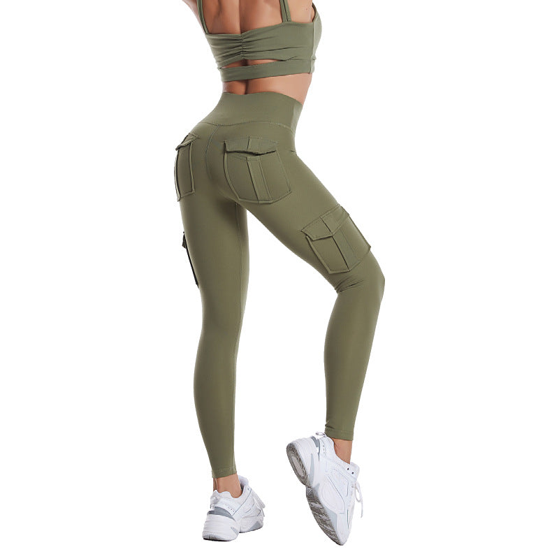 Damen Yoga-Leggings, olivgrün, hohe Taille, mit Taschen, für Sport und Fitness.
