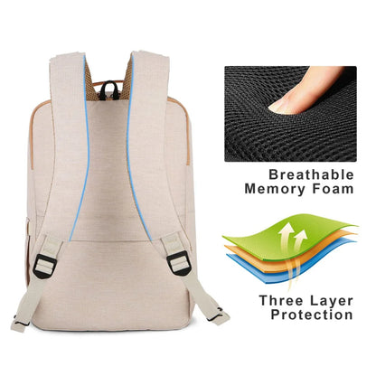 Beige Damen-Rucksack mit USB-Anschluss, atmungsaktivem Memory-Schaum, ideal für Reisen.
