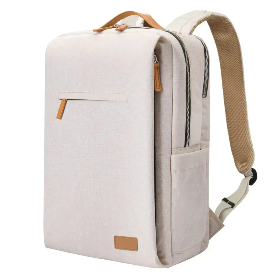 Beige multifunktionaler Reiserucksack für Damen, USB-Ladeanschluss, leicht, Laptopfach.