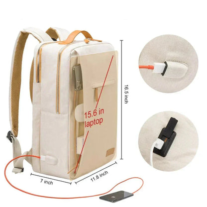 Beige Damen-Rucksack mit USB-Anschluss, Laptopfach, leicht, ideal für Reisen.
