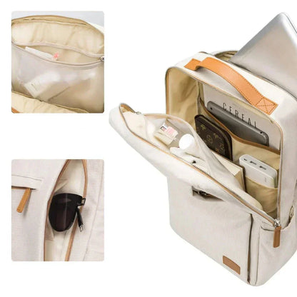 Beige Damen-Rucksack, multifunktional, USB-Anschluss, Laptopfach, leicht, Reisen.