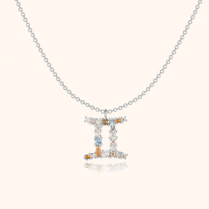 Silberne Halskette mit funkelndem Zwillingsanhänger, Kristalle, Schmuck, Damenaccessoire.