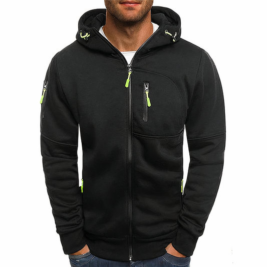 Schwarze Herren-Kapuzenjacke mit Reißverschlüssen, sportlich, lässig, Baumwolle.