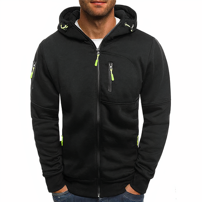 Schwarze Herren-Kapuzenjacke mit Reißverschlüssen, sportlich, bequem, modisch.