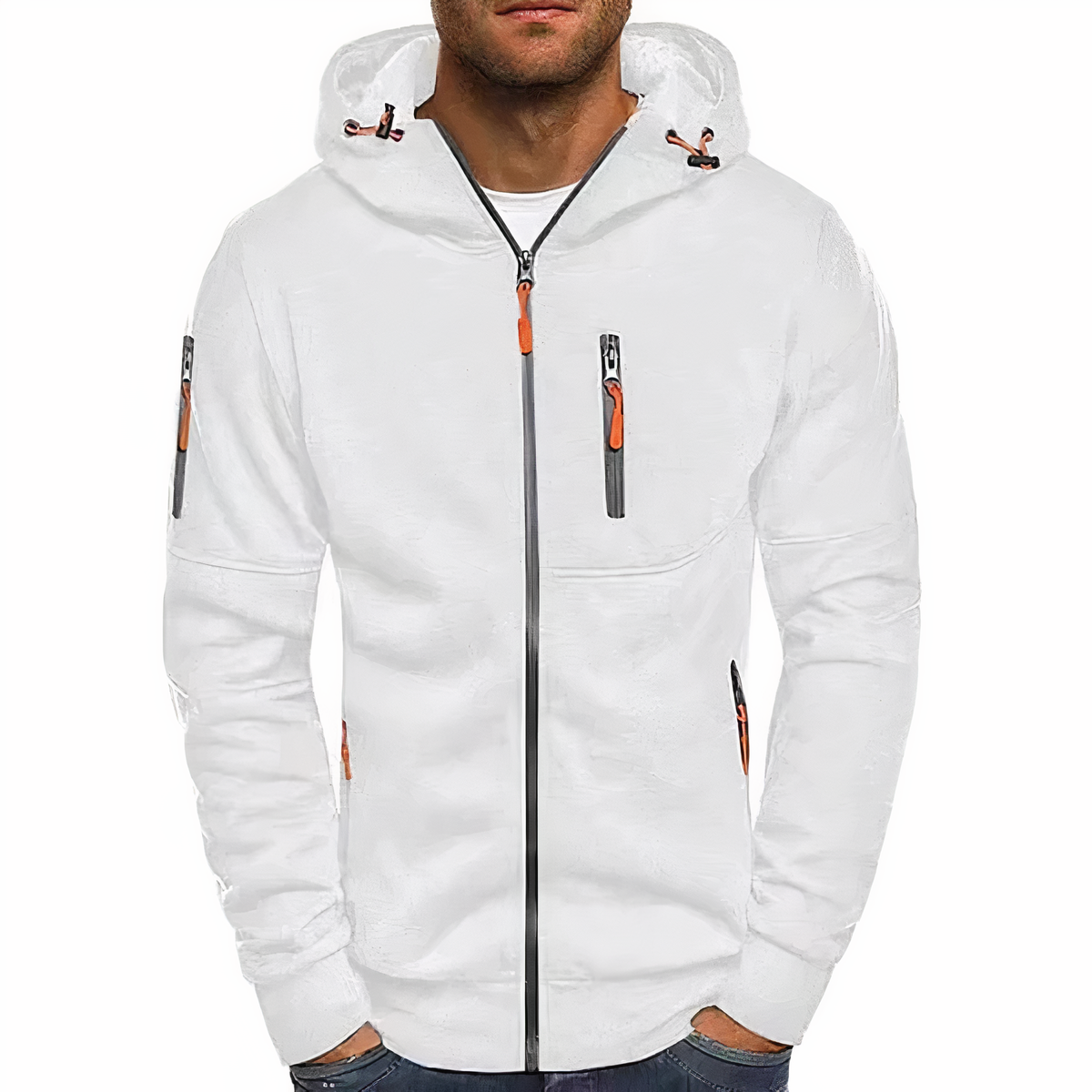 Weißer Herren-Hoodie mit Reißverschlüssen, Kapuze, sportlich, Baumwolle, modisch, bequem.