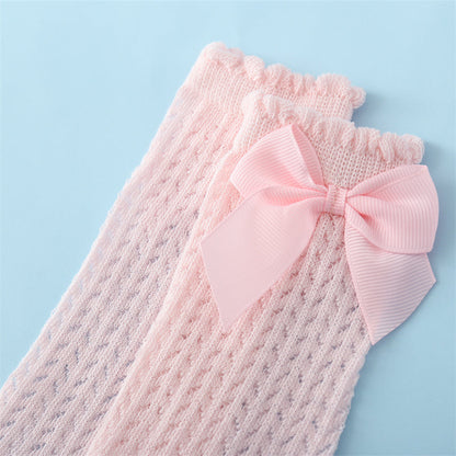 Rosa Baby-Strümpfe mit Schleife, gestrickt, weiches Material, modisch, für Mädchen.