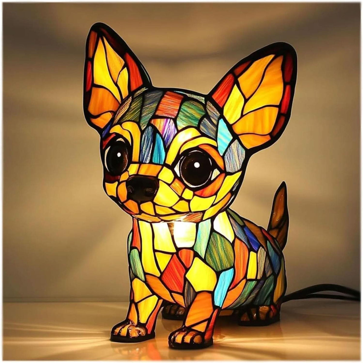 Lysande chihuahualampa med mycket stora öron och stora ögon i färgglad mosaik, med sladd synlig bakom. 10