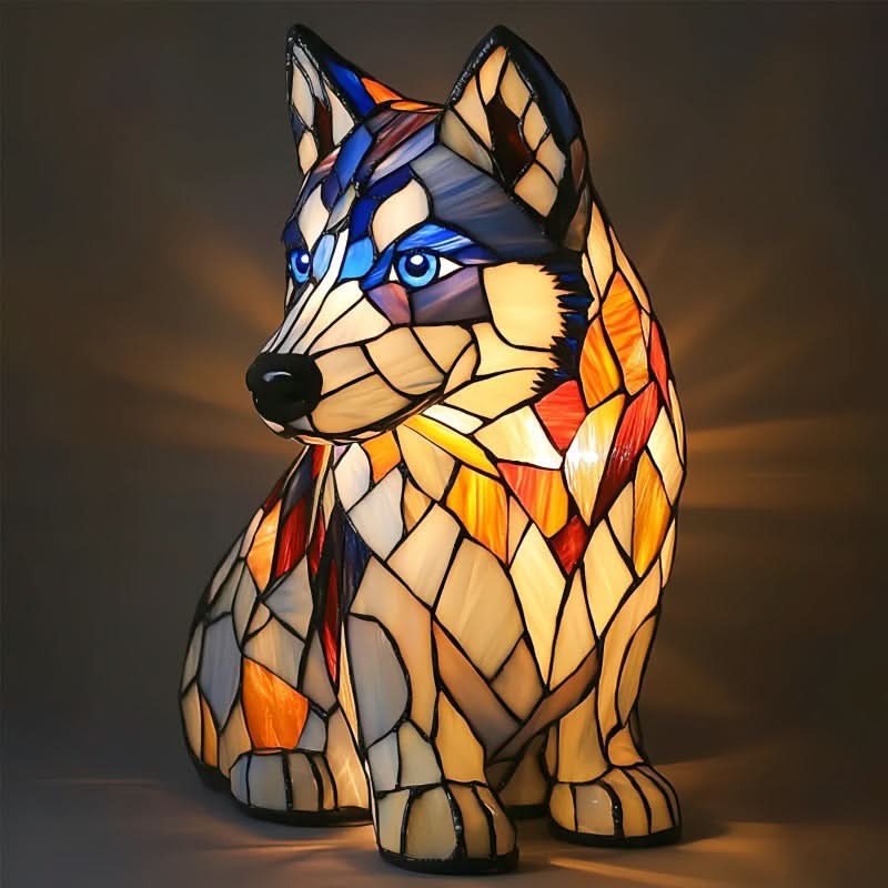 Upplyst sittande husky-lampa med blå ögon och vit, orange och blå mosaik, sedd från sidan. 15