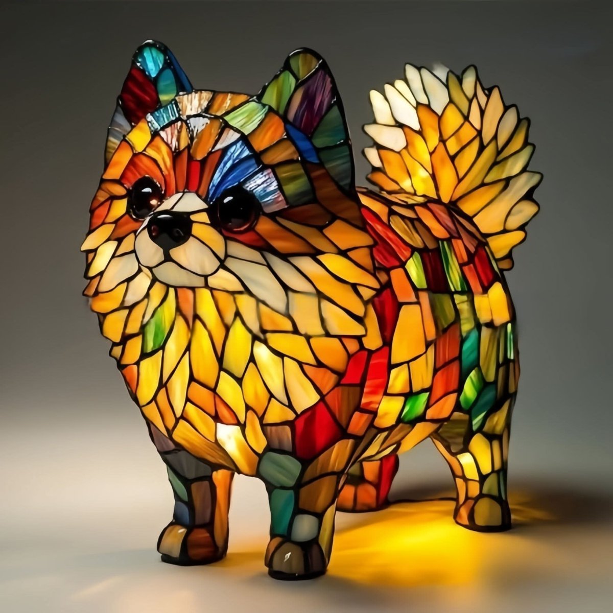 Upplyst lampa formad som en pomeranian med yvig svans och färgglad mosaik i orange, rött och grönt. 18