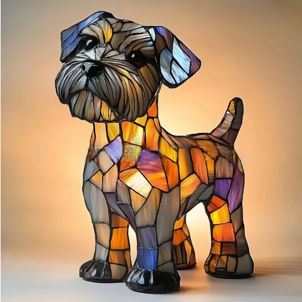 Lysande hundfigur i målat glas-stil med raggig skäggig nos och hängande öron, i orange, lila och blå glasbitar mot varm bakgrund. 21