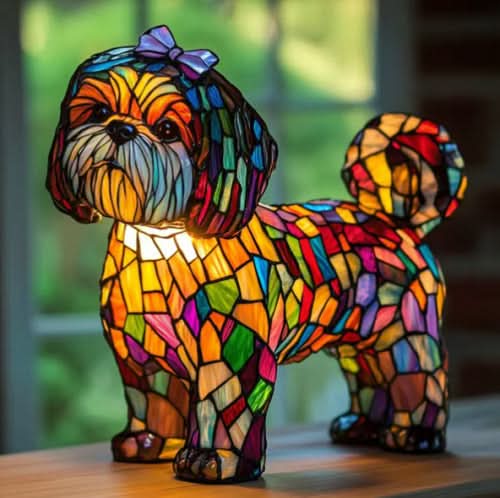 Liten hundlampa i mosaikglas med lila rosett i pälsen, uppställd på ett bord framför ett fönster med grön utsikt. 23