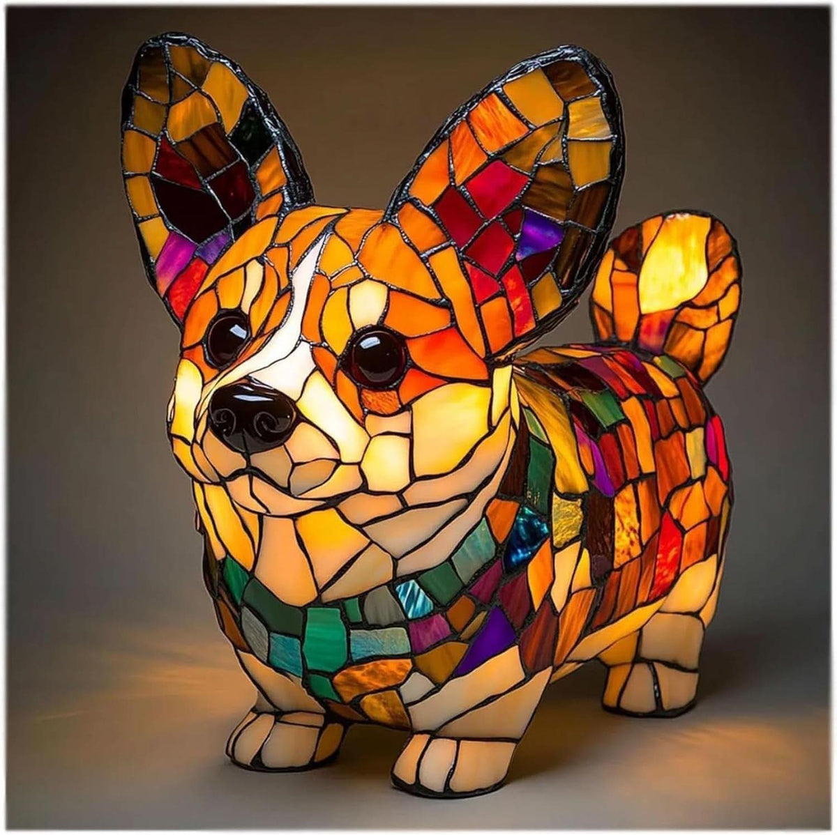 Rundnätt hundlampa med stora öron och glansiga svarta ögon, mosaikmönster i orange och gult med grön och lila kantdetalj, lyser varmt. 25
