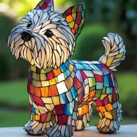 Hundlampa med vit raggig päls av små glasbitar och färgglad mosaikkropp, ståendes utomhus framför grön suddig bakgrund. 26