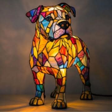 Kraftig hundlampa i glasmosaik med lutande öron och bred bringa, lysande i gult och orange med en svart sladd synlig vid sidan. 29