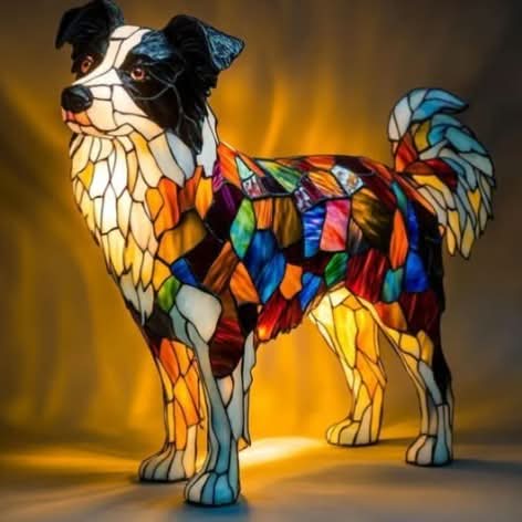 Upplyst hundlampa i mosaikstil som en stående border collie med svartvitt huvud och buskig, färgglad svans. 3
