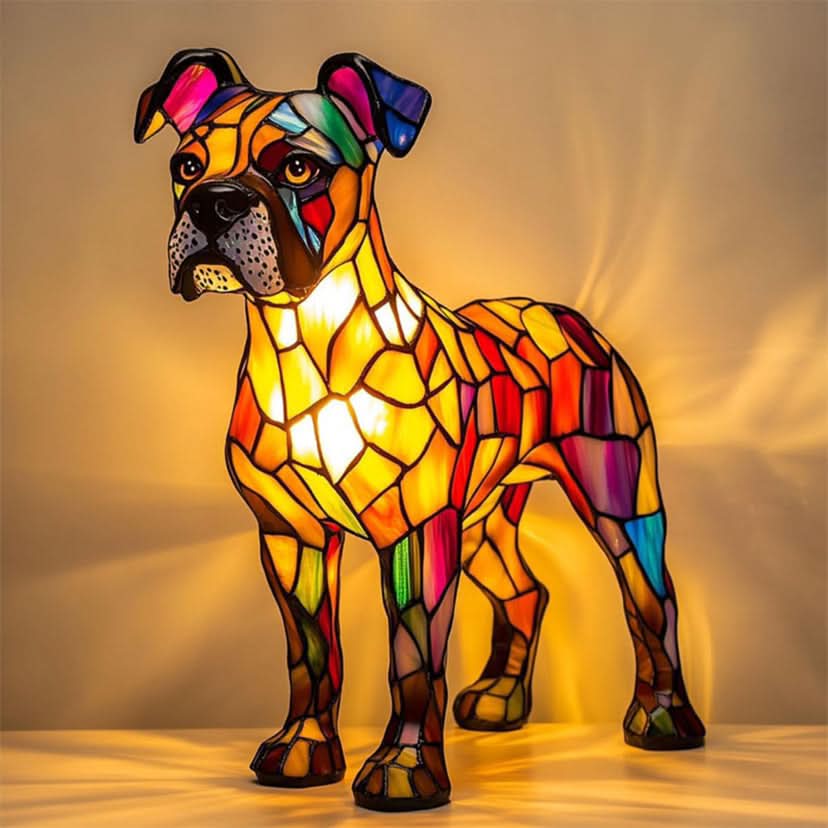 Upplyst lampa formad som en stående boxerliknande hund med färgglada mosaikbitar och varmt sken mot väggen. 4