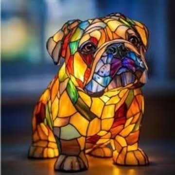 Närbild på en lysande bulldogglampa i orange och färgglad mosaik, sedd framifrån med suddig bakgrund. 5