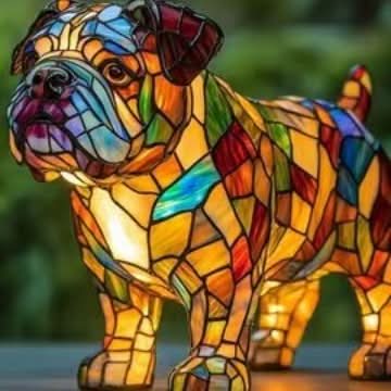 Lysande bulldogglampa i mosaikstil med färgglada fält, fotograferad snett framifrån utomhus med grön bakgrund. 6