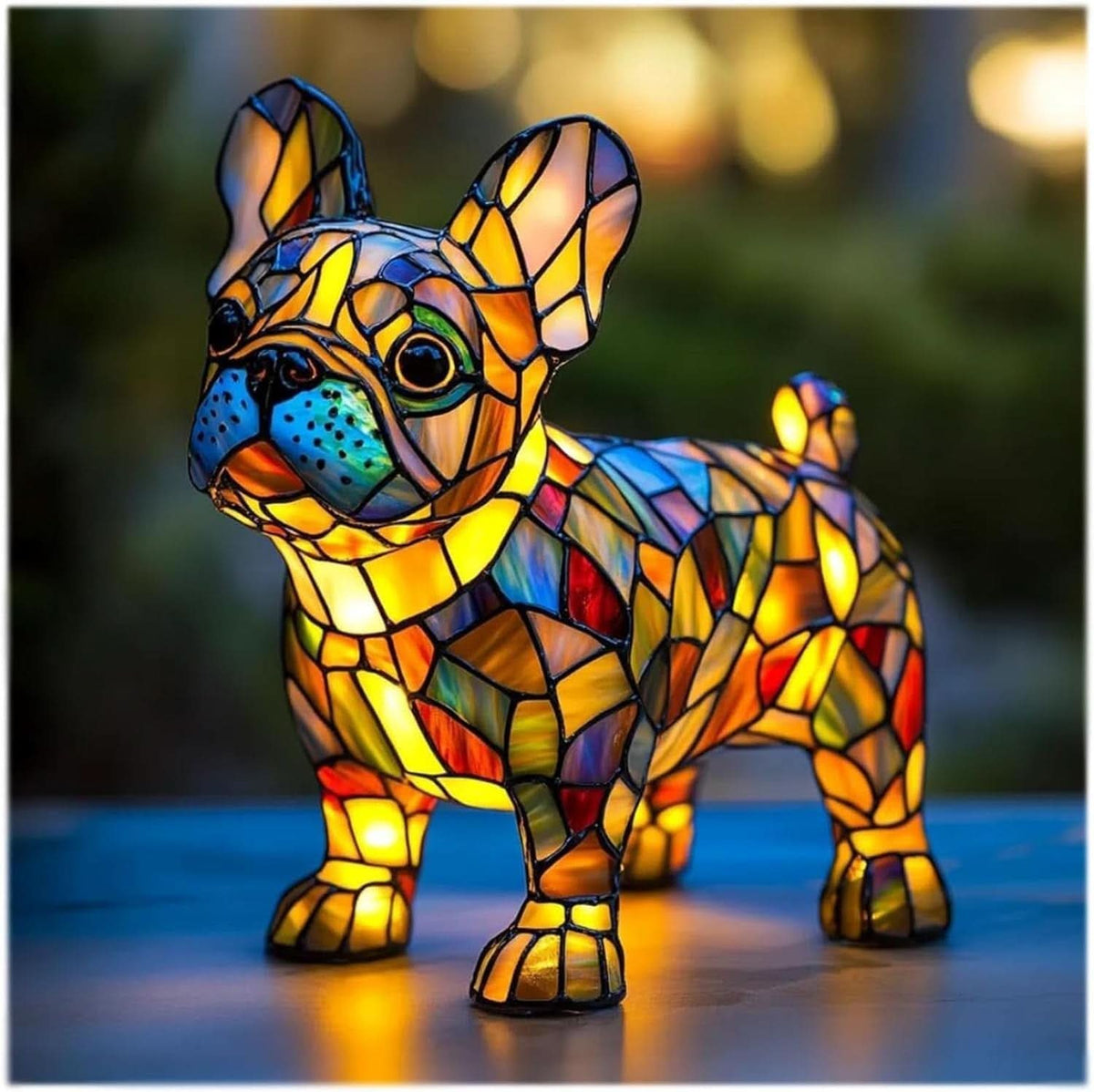 Upplyst fransk bulldogg-lampa med stora öron och färgglad mosaik, stående på ett bord utomhus i skymning. 7