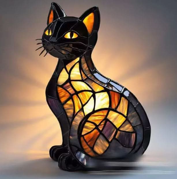 Upplyst lampa formad som en sittande svart katt med gula ögon och mosaikmönstrad kropp i bärnstensfärger. 8