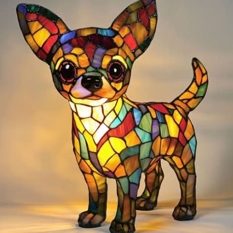 Upplyst lampa i form av en stående chihuahua med stora öron och färgglad mosaik, sedd från sidan. 9