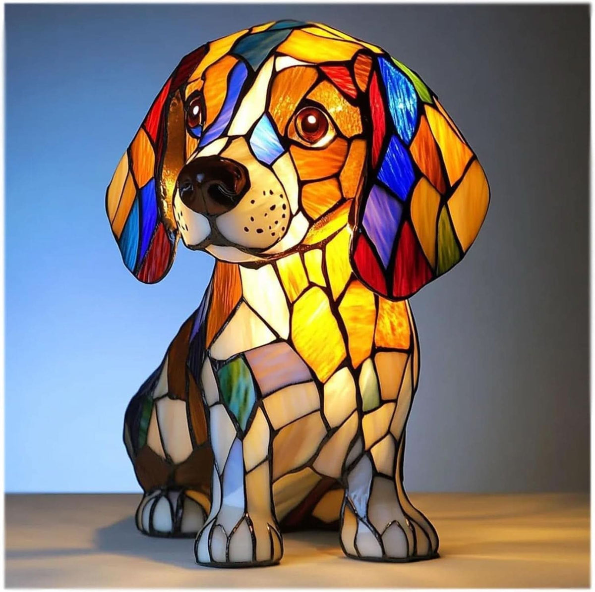 Upplyst nattlampa formad som en sittande beaglevalp med färgglada mosaikbitar i glasstil, sedd framifrån mot blå bakgrund. 1
